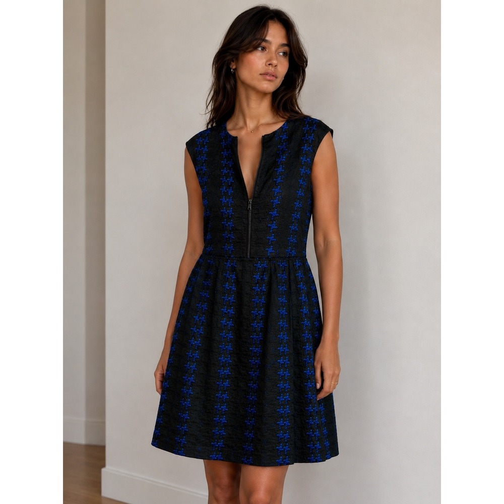 Milly‎ Black Blue Embroidered Houndstooth Jacquard Fit Flare Dress Size 10 USA